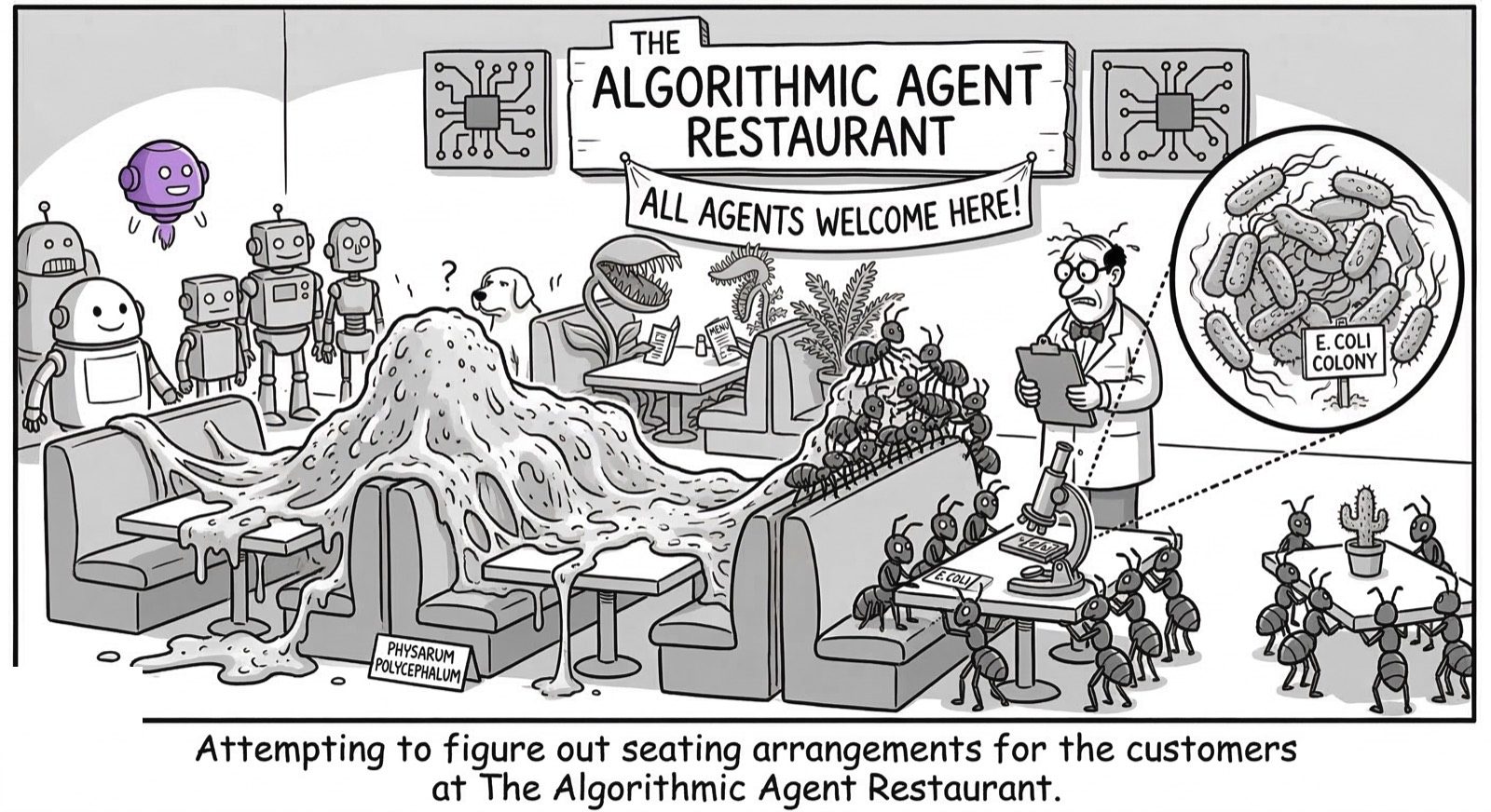 All agents welcome — robots, slime molds, E. coli, ants, and us. Agency all the way down. (Inspiration from Larson.)