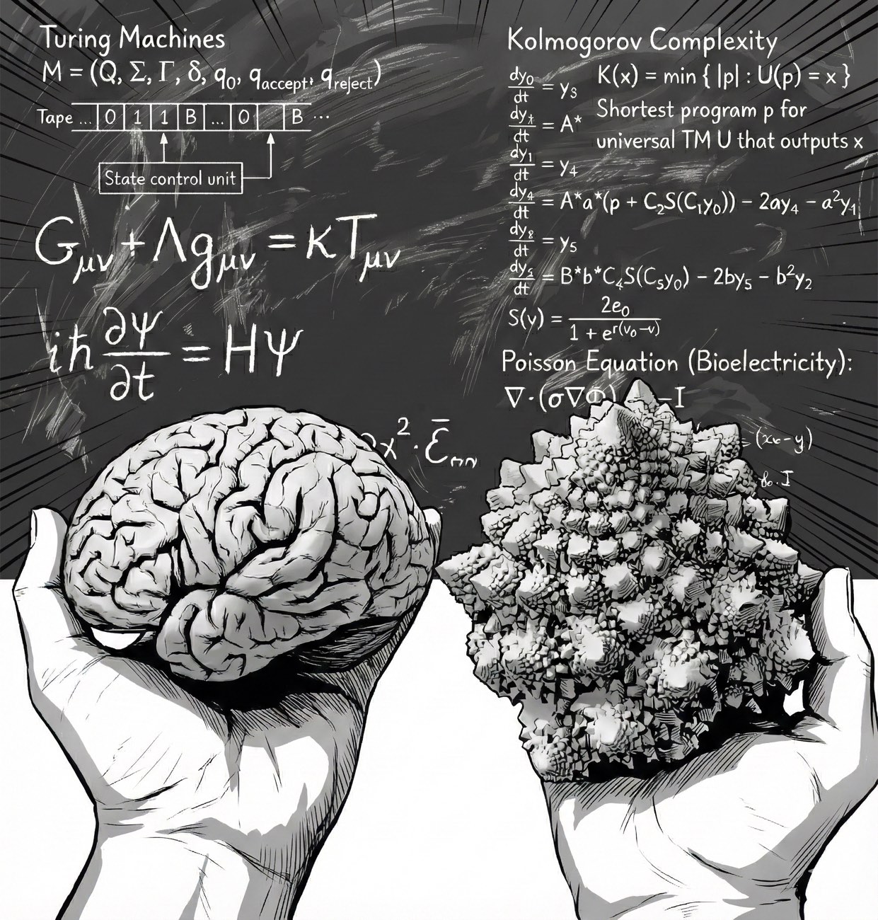 Two hands holding a brain and a Romanesco broccoli against a blackboard of Kolmogorov Theory equations